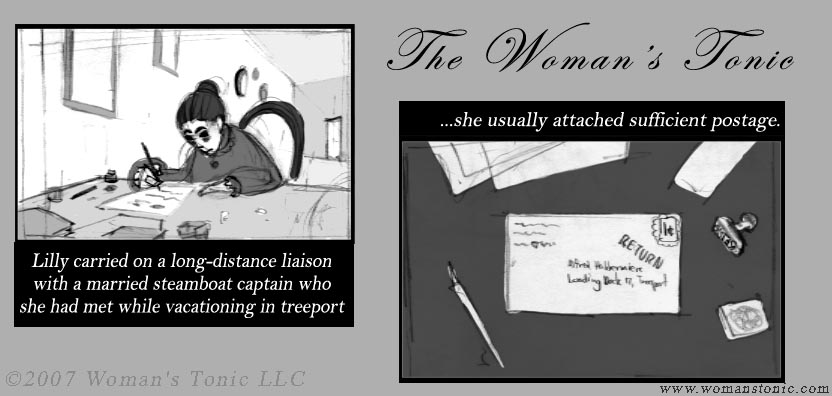 Lilly carried on a long-distance liaison with a married steamboat captain who she had met while vacationing in Treeport.  She usually attached sufficient postage.