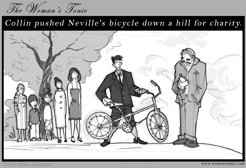 Collin pushed Neville's bicycle down a hill for charity.